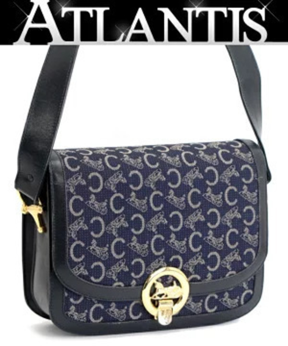Celine Shoulder Bag C Sulky Carriage Canvas x Leather Navy Blue